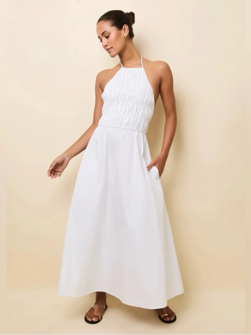 SOLID & STRIPED The Meira Dress White Halter Smocked Maxi Dress - Picture 1 of 9